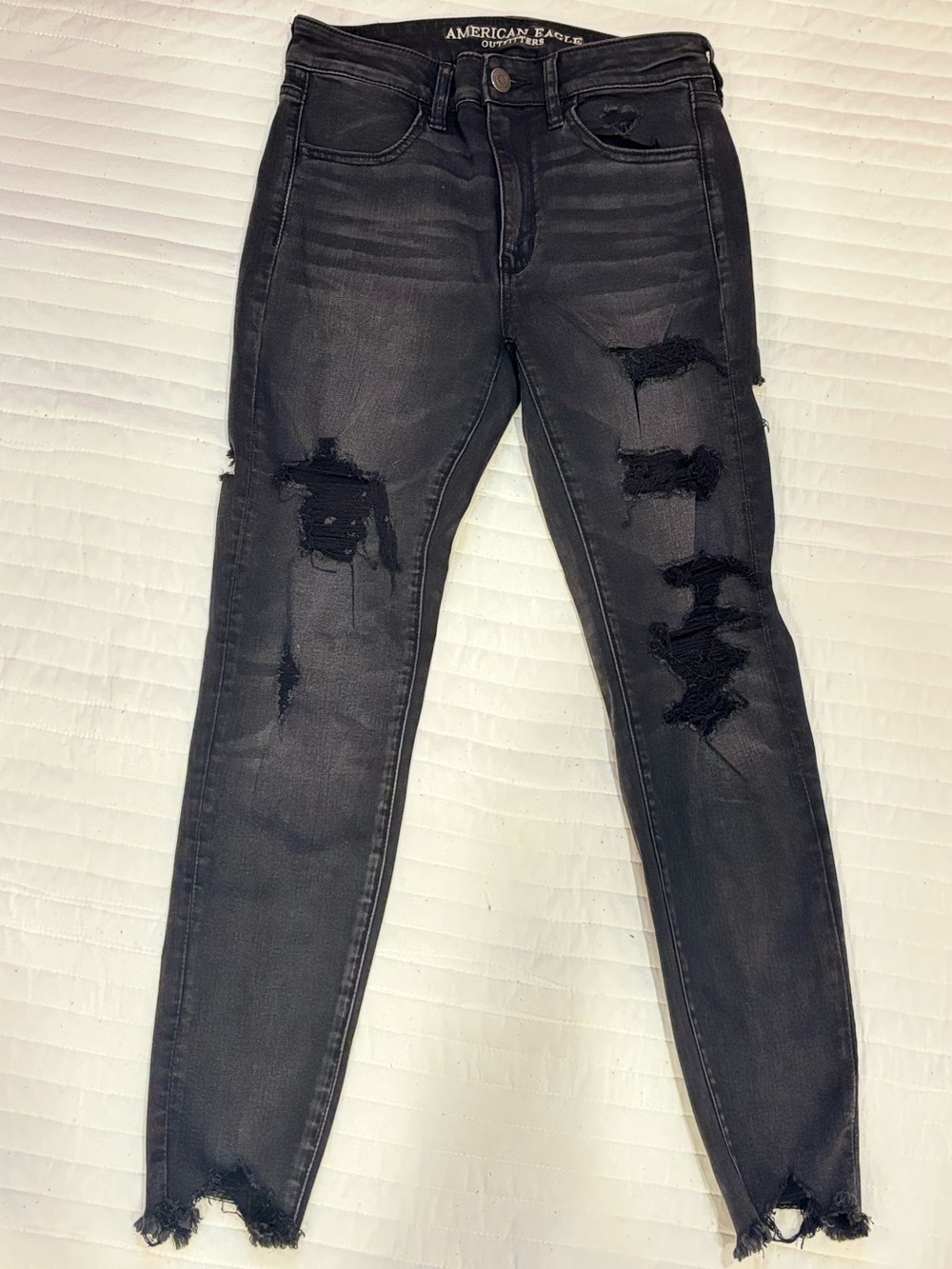 American Eagle Hi Rise Jeggings Faded Black Distressed Denim Super Stretch 6
